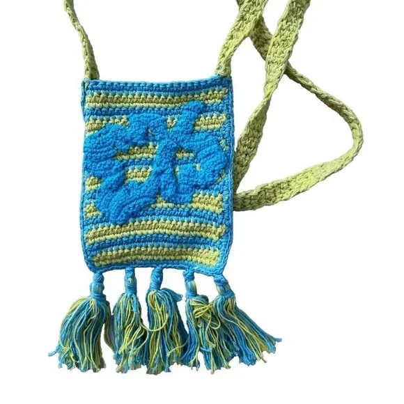 URBAN Outfitters Flower/Stripe Blue Yellow Mini Crochet Crossbody Cell Phone Bag - Picture 3 of 12